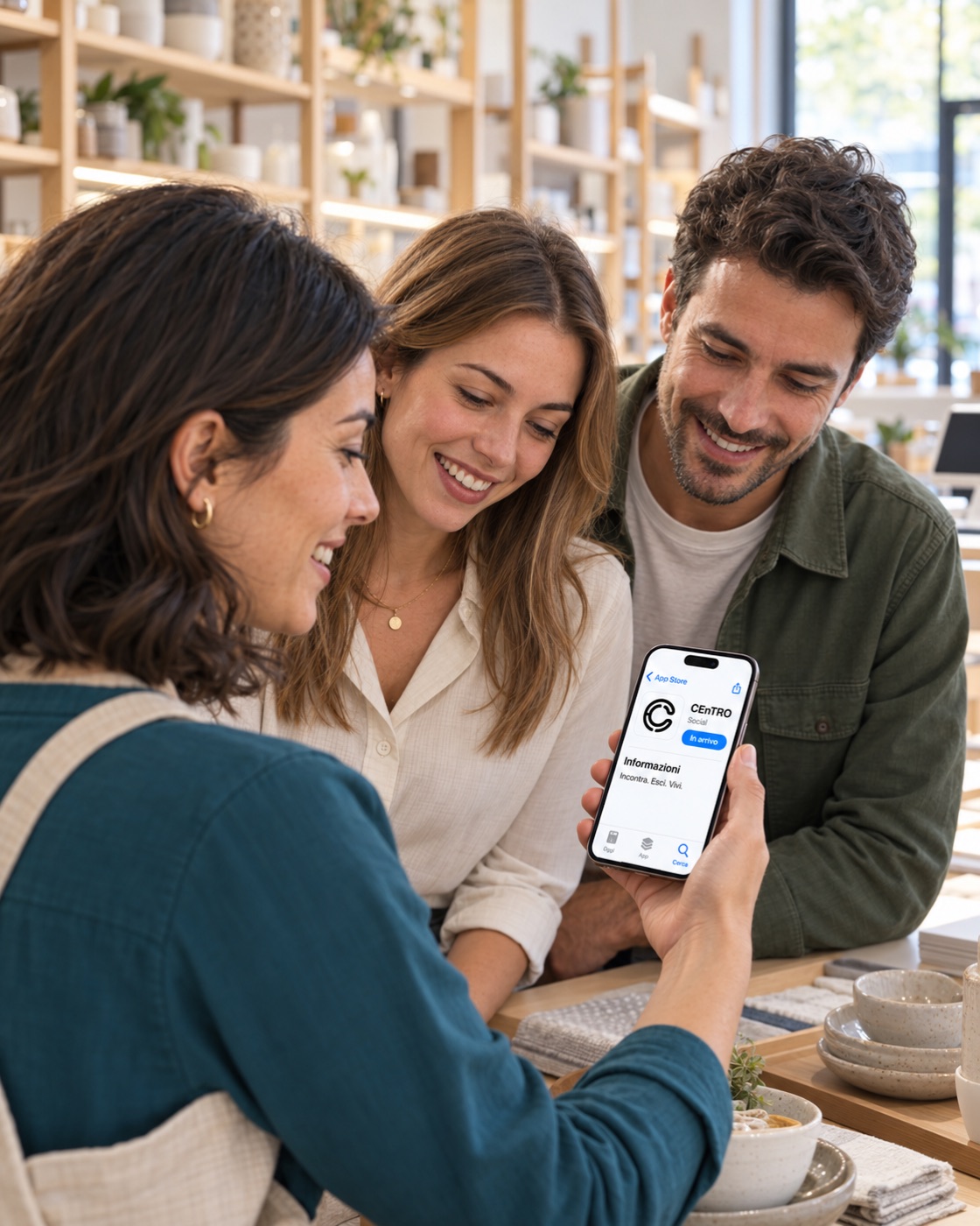 In un negozio, la titolare mostra CEnTRO sull'App Store a due clienti.