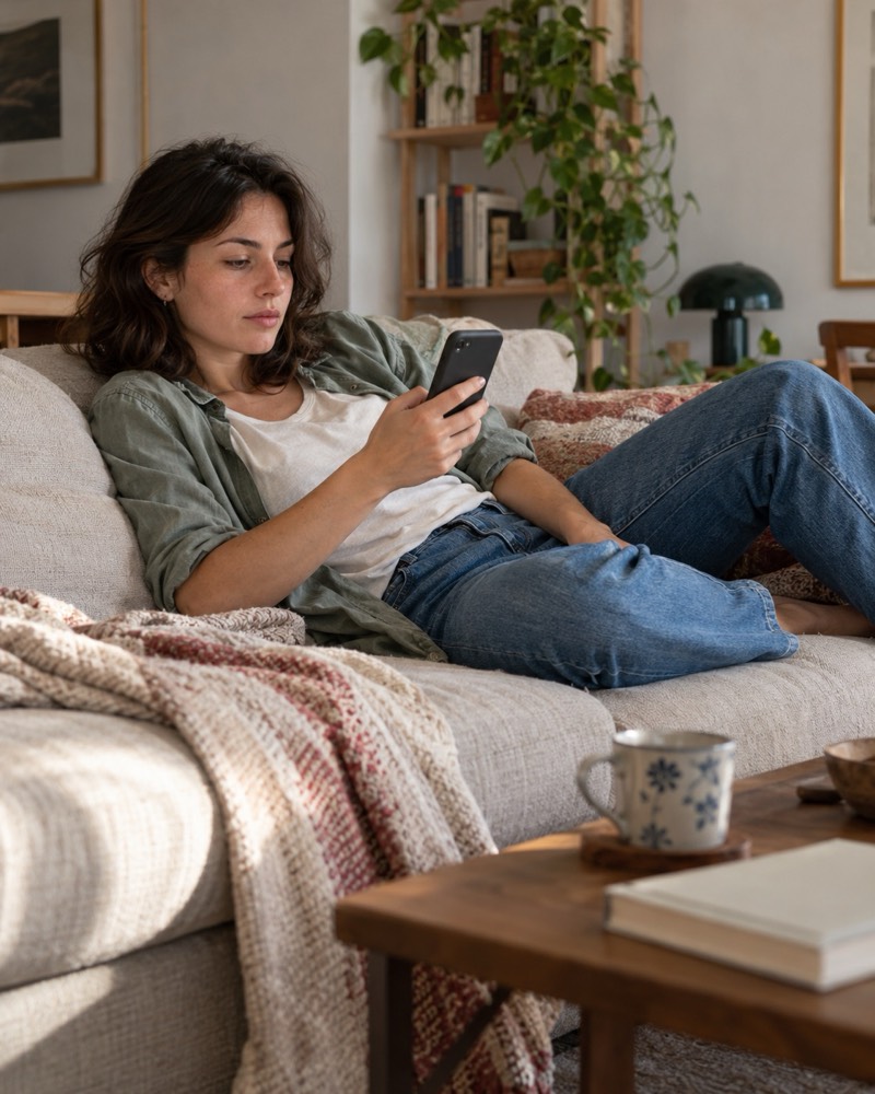 Una ragazza sul divano scorre il telefono.