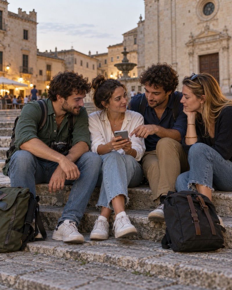 Quattro amici seduti sui gradini di una piazza scelgono insieme cosa fare.